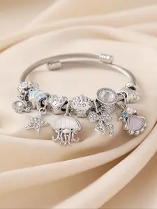 Cute Ocean Wind Shell Octopus Bow Crab Pendant Beaded Stainless Steel Bracelet, Elegant Clownfish Starfish Heart Large Hole Pearl DIY Bangle, Stackable Bracelets