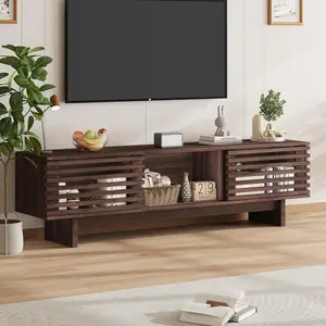 55/63 Inch Fluted TV Stands, Mid Century Modern Entertainment Center for Living Room,with Storage, Brown Walnut TV and Media Console for 43/60/65 Inch TV, Wood Television Media Cabinet for Bedroom