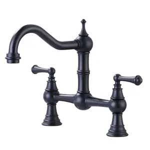 WOWOW Double Handle High Arc Solid Brass Bridge Kitchen Faucet, 8-Inch Centerset, Oil Rubbed Bronze, Fits 2 or 3 Hole Sinks, Victorian Farmhouse Style, Double Handle Faucet, High Arc Faucet