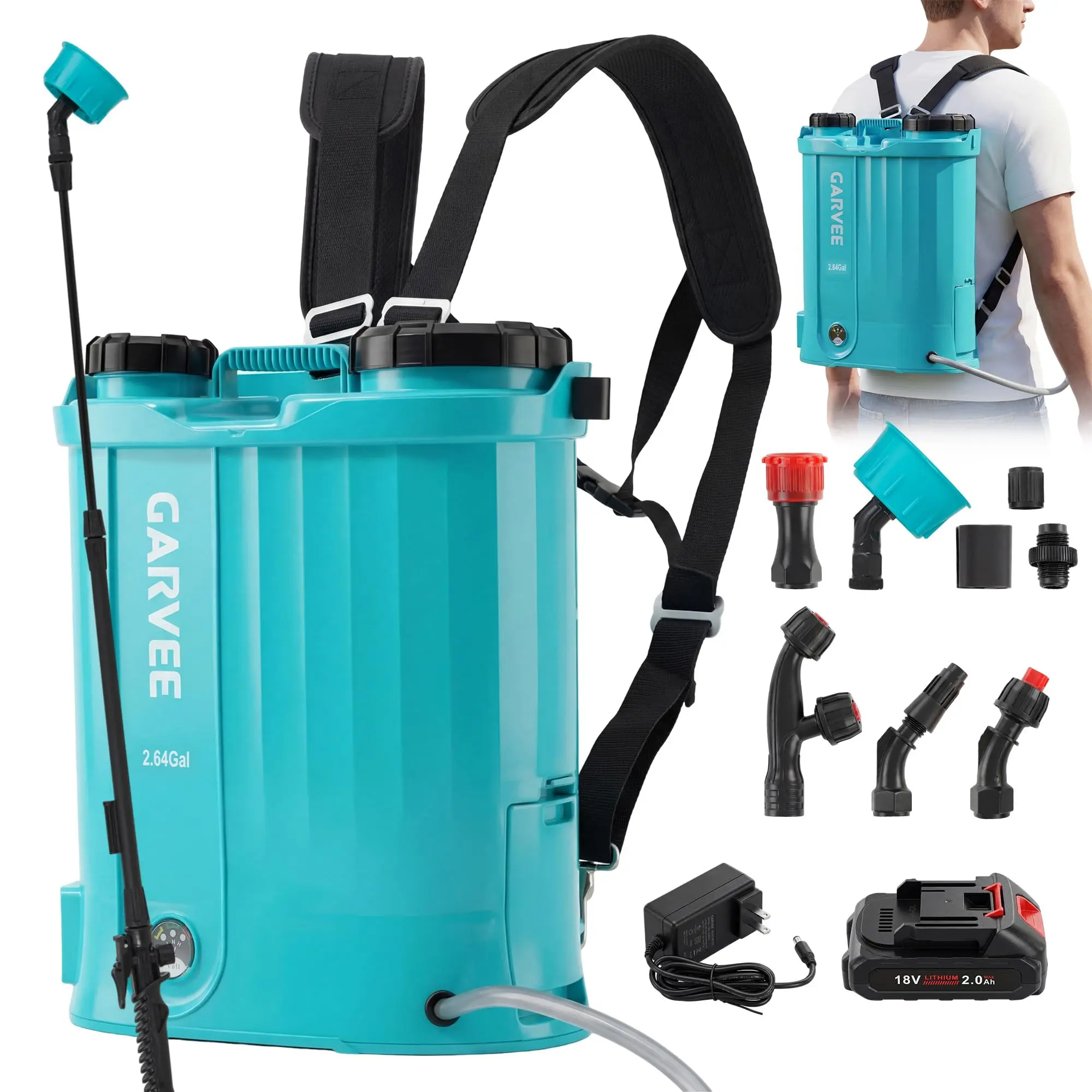10.5 Gallon Heavy-Duty Cordless Sprayer with Wheeled Cart, 18V 4Ah Rechargeable Electric Sprayer, 6 Functional Nozzles & 2 Extension Wands, 80PSI Adjustable Pressure, Trigger Lock Design, 4-6 Hours Working Runtime