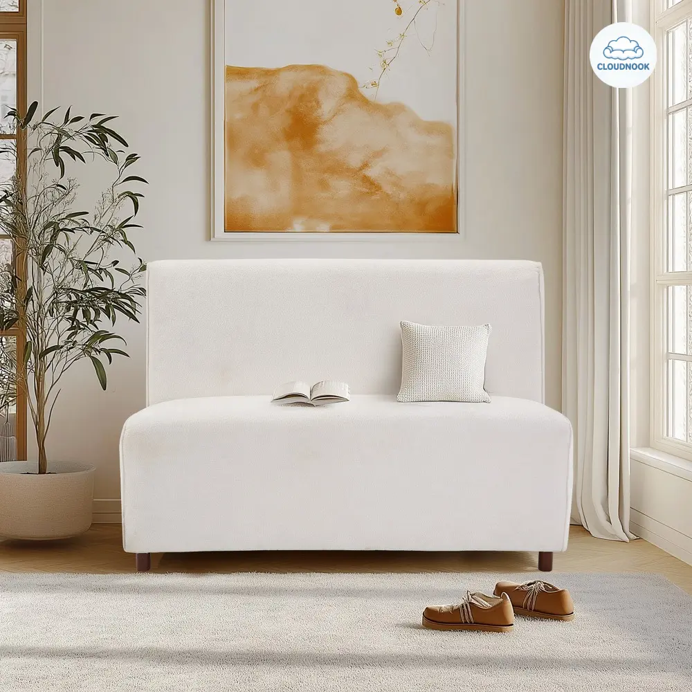 49" Beige Boucle Armless Loveseat Sofa for Adults - 25D High-Density Sponge Cushion, Light Brown Legs, Extra Wide Seat, Modern Comfy Indoor Furniture for Small Living Rooms, Fits Small Living Rooms
