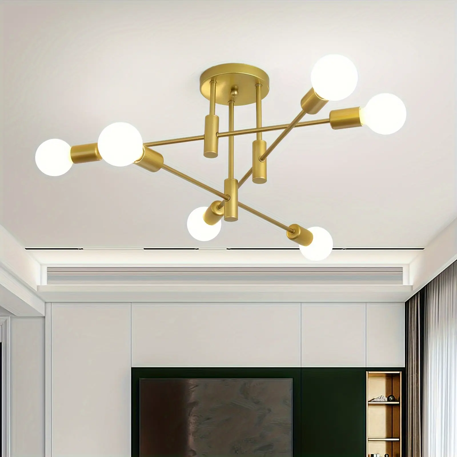 Gold Contemporary Metal Frame Chandelier Ceiling Light - Industrial Semi-Flush Mount Ambient Decoration Lamp, Graceful Indoor Lighting for Bedroom, Living Room (E26 Bulbs Not Included, Promotes Relaxation), Adjustable