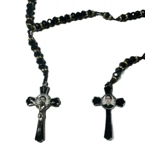 Santo Toribio Romo Rosary Crystal Glass Black Beads with Cross Pendant Catholic Prayer Tool