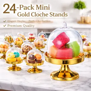 24 Pack Mini Cake Stand with Dome – Gold Base Tiny Donut Domes for Cupcakes, Desserts, Candy Display – Perfect for Weddings, Birthdays, Parties