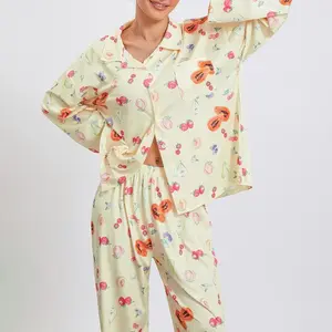 New Pajamas Ladies Home Clothes Ladies Pajamas Casual Set Strawberry Print Lapel Long Sleeve Shirt Top and Pants Two Piece Set Home Clothes Pajamas Outdoor casual