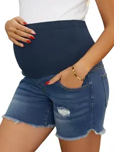 INSPIRE CHIC Maternity Denim Shorts Over Belly High Waisted Summer Casual Work with Pockets Shorts Jeans Pregnancy