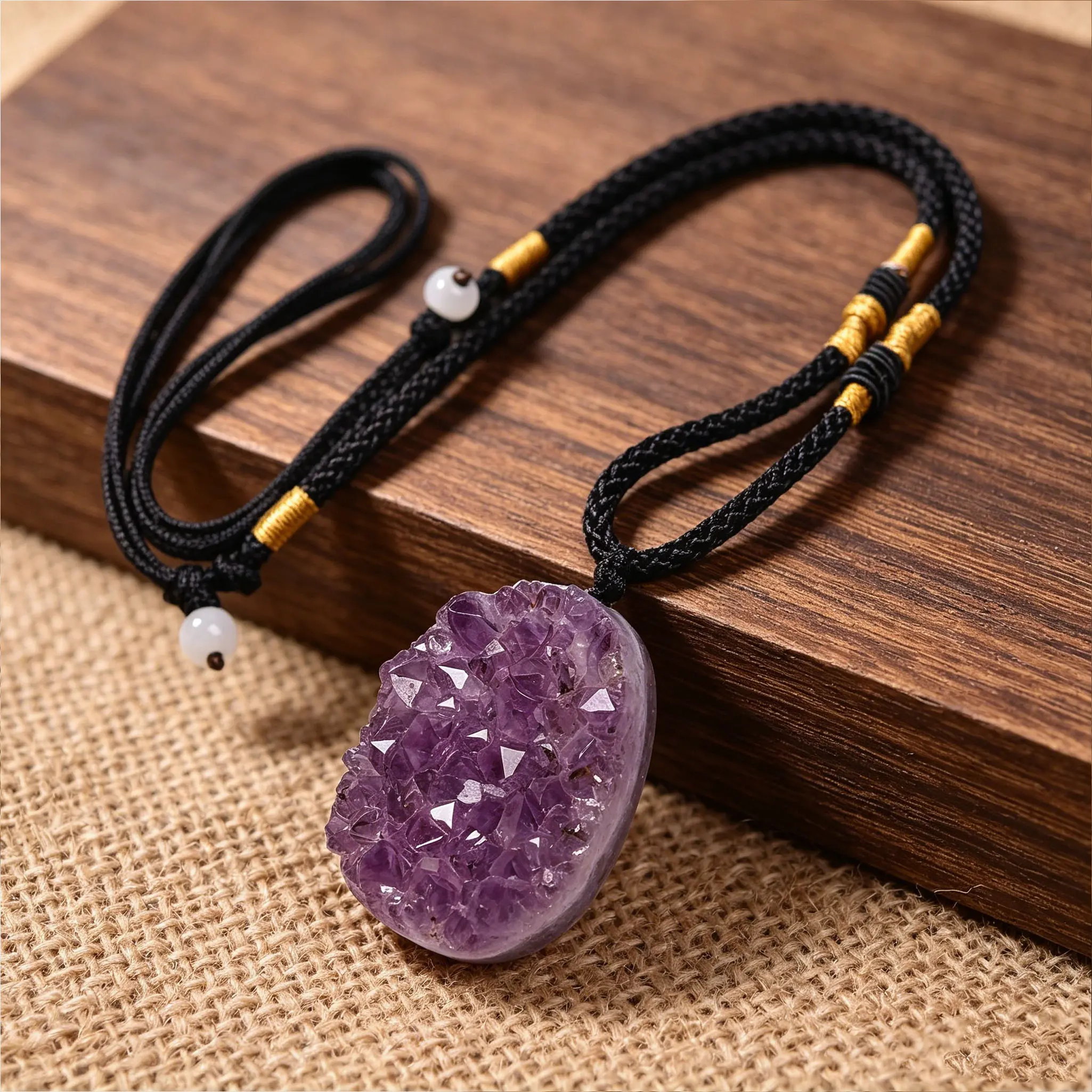 Natural Raw Amethyst Druzy Cluster Crystal Pendant Necklace - Hand-Braided Adjustable Length Black Cord, Healing Stone Spiritual Pendant for Daily Wear (Unisex)