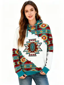 Women's Vintage Ethnic Aztec Geometric Print Hoodie,  Casual Boho Lightweight Long Sleeve Drawstring Pocket Hooded Sweatshirt Pullover,Women's Summer Tops