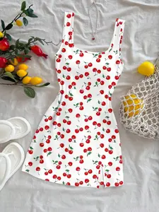 Summer Women's Cherry Print Beachwear Dress, Sleeveless Square Neck High Waist Side Split Bodycon Short Dress, Casual Fashion Chic