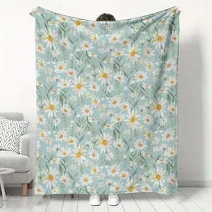 Soft Light Blue Throw Blanket with Watercolor White Daisy Floral Print – Cozy Home Comfort