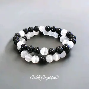 Black Tourmaline and Selenite Bracelet Set 8mm Unisex Natural Stones Handmade with Black Tourmaline and Selenite Stones Clarity Protection Grounding Zen Electromagnetic Fields