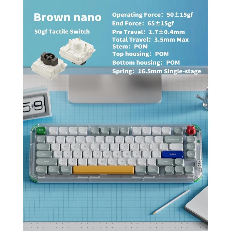 Kick75 Low Profile Keyboard with Volume Knob,75% Hot Swappable Custom  Mechanical Keyboard,80  RGB Backlit with PBT Keycaps,BT/2.4G/USB-C (Brown Nano )