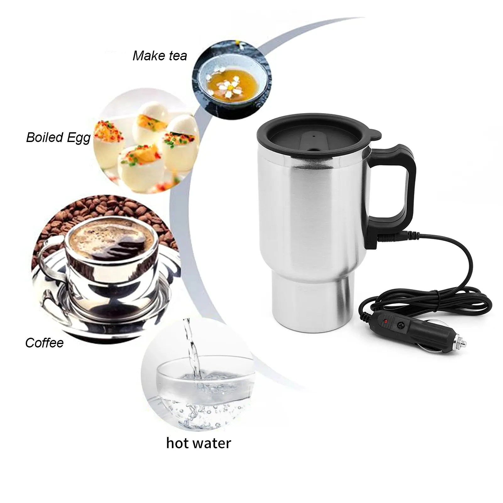 Car Electric Kettle Stainless Steel In-car Kettle Travel Thermoses Heating Water Bottle Heating Cup with Indicator Light Powered by Cigarette Lighter Charger Base for Water Tea Coffee Milk Car Kettle