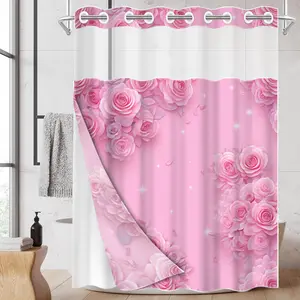 1pc hookless shower curtain with buckle lining, spring pink rose design, 2D flat printing, fabric waterproof lining, see-through double-layer shower curtain, 71 x 74 inches, modern home draping curtain, Bathroom Curtain, Restroom