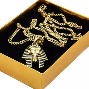 MaxBling81 Unisex Hip Hop Gold-Plated Pharaoh King Tut Pendant with 4mm Brass Cuban Chain Link Necklace, Metal-Coated, 18"-24" Multi-Size Length Options, Costume Jewelry Chain Link Necklaces