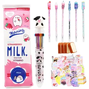 67-Piece Pink Kawaii School Supplies Set: Milk Carton Pencil Case, Multicolor Pen, Eraser, Stickers, & Pens