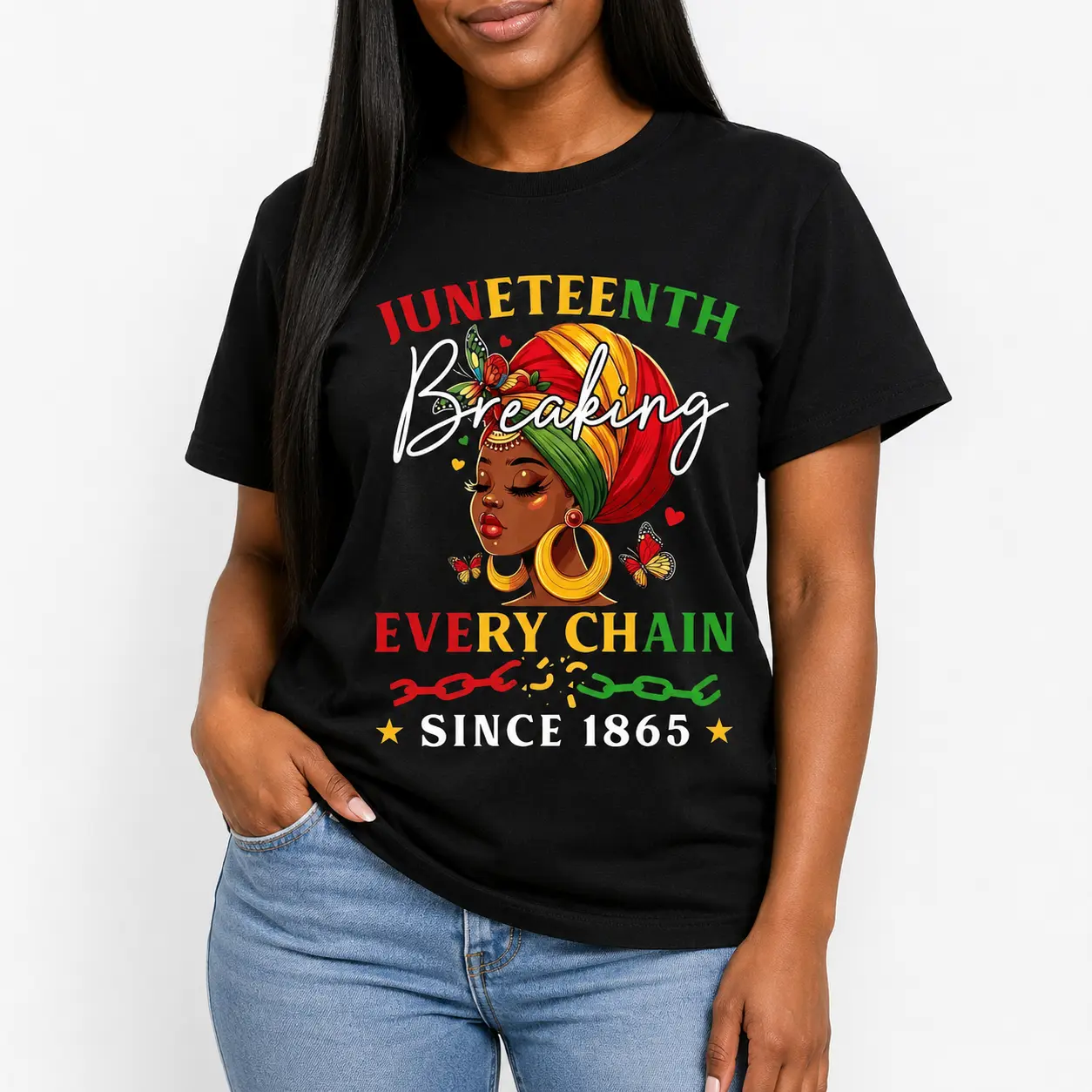 Juneteenth Breaking Every Chain Since 1865 Big & Tall Black and White T-Shirt for Women Plus Size - Celebrate Freedom Independence Day Holiday Gift
