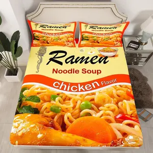 Feelyou Twin Size Microfiber Bed Sheets - Japanese Ramen Theme Decorative Bedsheet Sets, Cute Pulled Pork Noodles Printed Luxury Bedding Cover