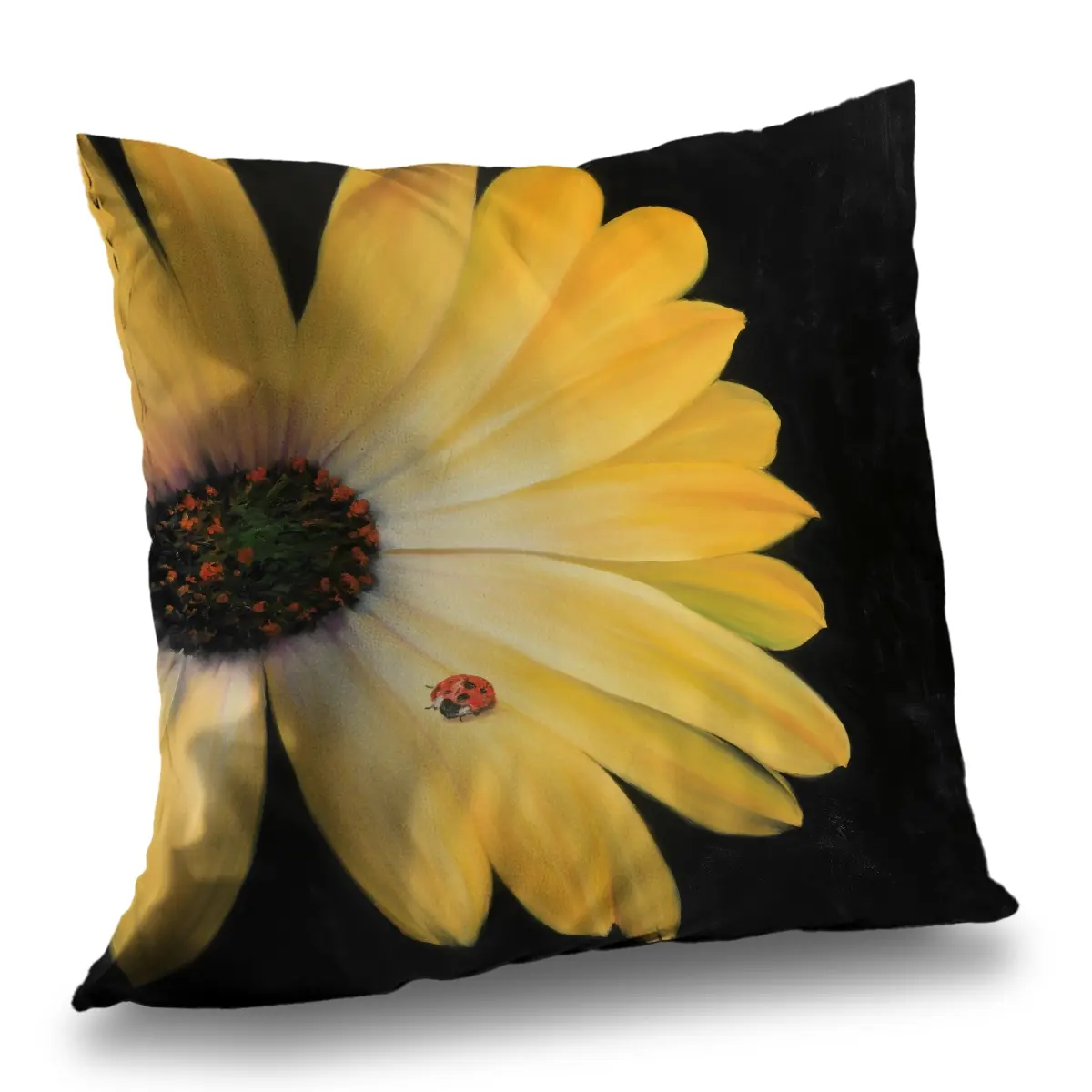 360 stand Floral Print Decorative Pillow - 14x14 in. Poly Twill Yellow, Yellow Daisy & Ladybug Nature Theme, Soft Insert for Girly Bedroom Decor, Wall Decor, Home Use, Wall Decor Bedroom
