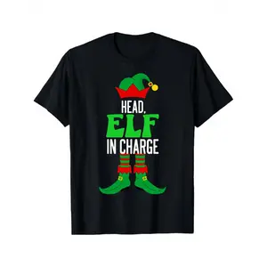 Black Christmas Elf T-Shirt |   Head Elf in Charge Graphic Tee, Crew Neck, Short Sleeve, Casual All-Season Pullover for Men and Women