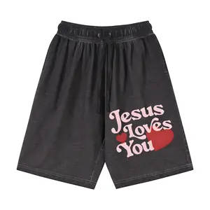 Jesus Loves You Washed Cotton Shorts | Vintage Gradient Drawstring Casual Shorts, Christian Faith Graphic Summer Streetwear, Soft Cotton Loungewear for Daily Wear, Beach & Gym