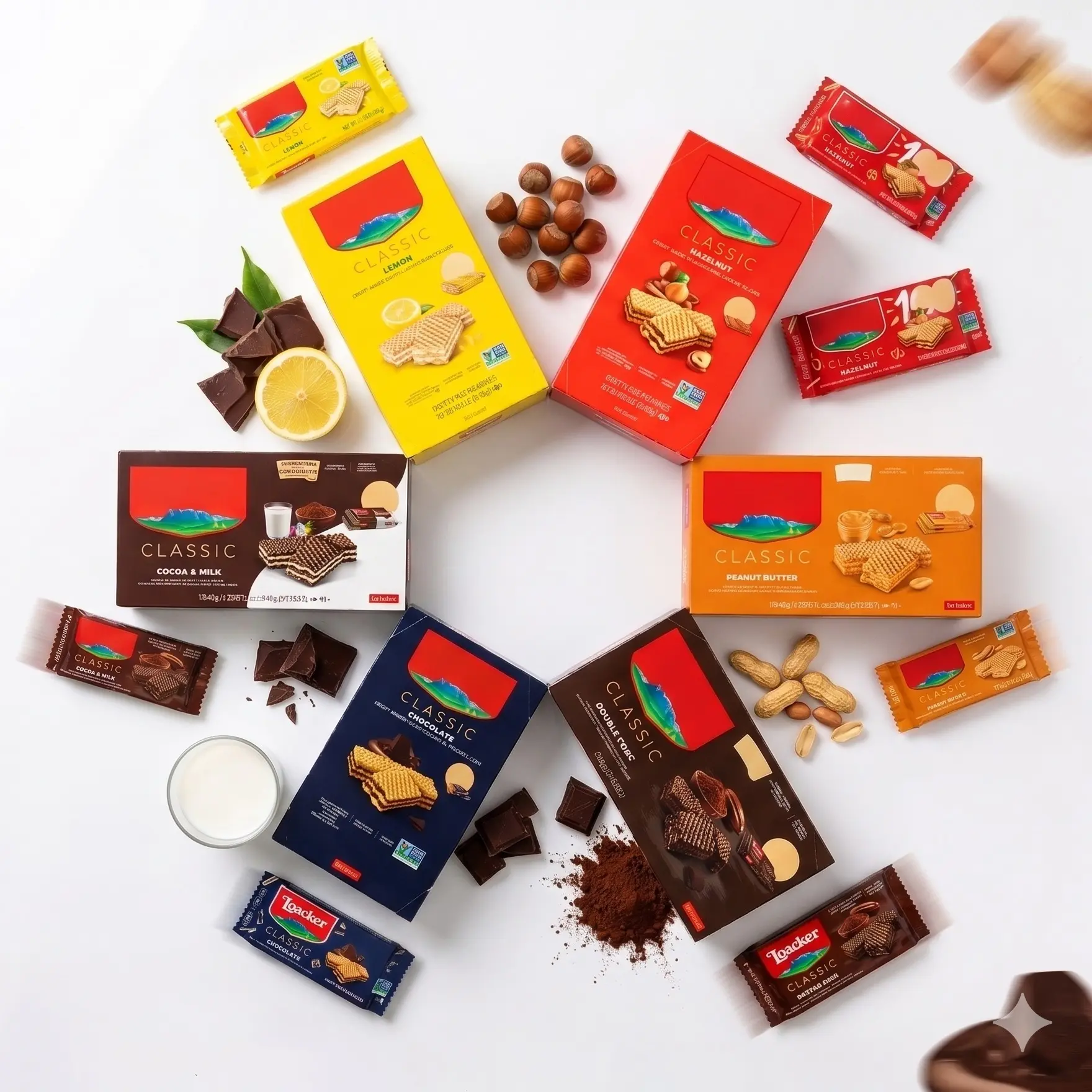 Loacker Classic Crispy Wafers 12-Pack Bundle - 45g/1.59oz Units, Hazelnut, Peanut Butter, Chocolate, Lemon, Cocoa Milk, Double Choc, Dark - Finest Creme, Non-GMO Project Verified, Kosher & Halal Certified Snack
