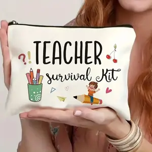 Letter Canvas Pencil Case for Students, Cartoon DIY Zipper Bag, Cosmetic Travel Wallet, Multifunctional Gift for Friends