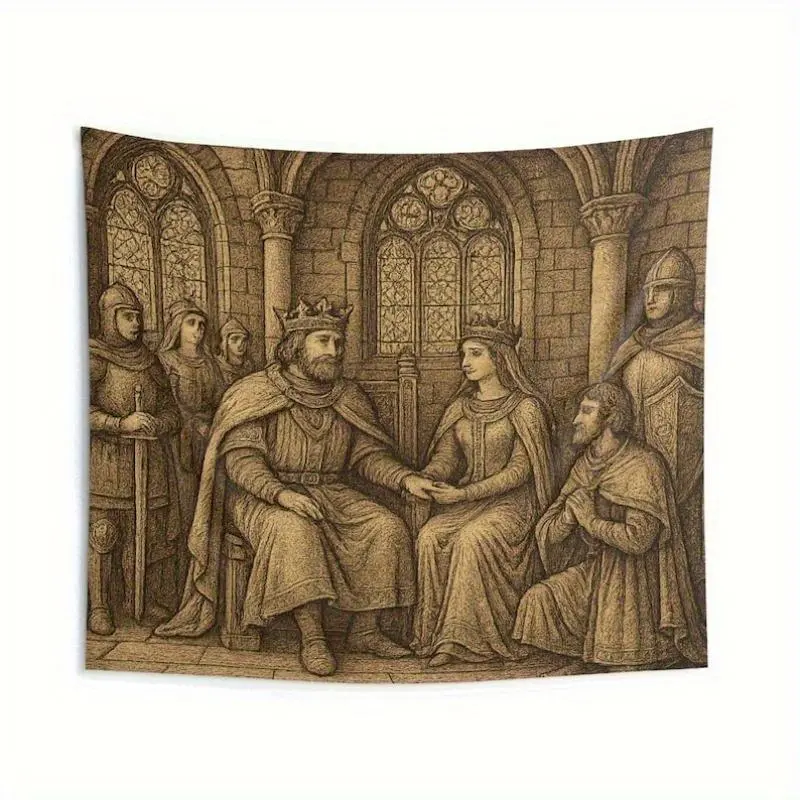 1pc 2D Print Medieval Royal Court Tapestry Wall Hanging Photo - King, Queen, Knights, Courtiers in Grand Stone Hall with Stained Glass, 51x60in Horizontal Vintage Linen Cloth, Peach Light Beige Home Decor for Living Room Bedroom, Wall Decor, Anniversary,,