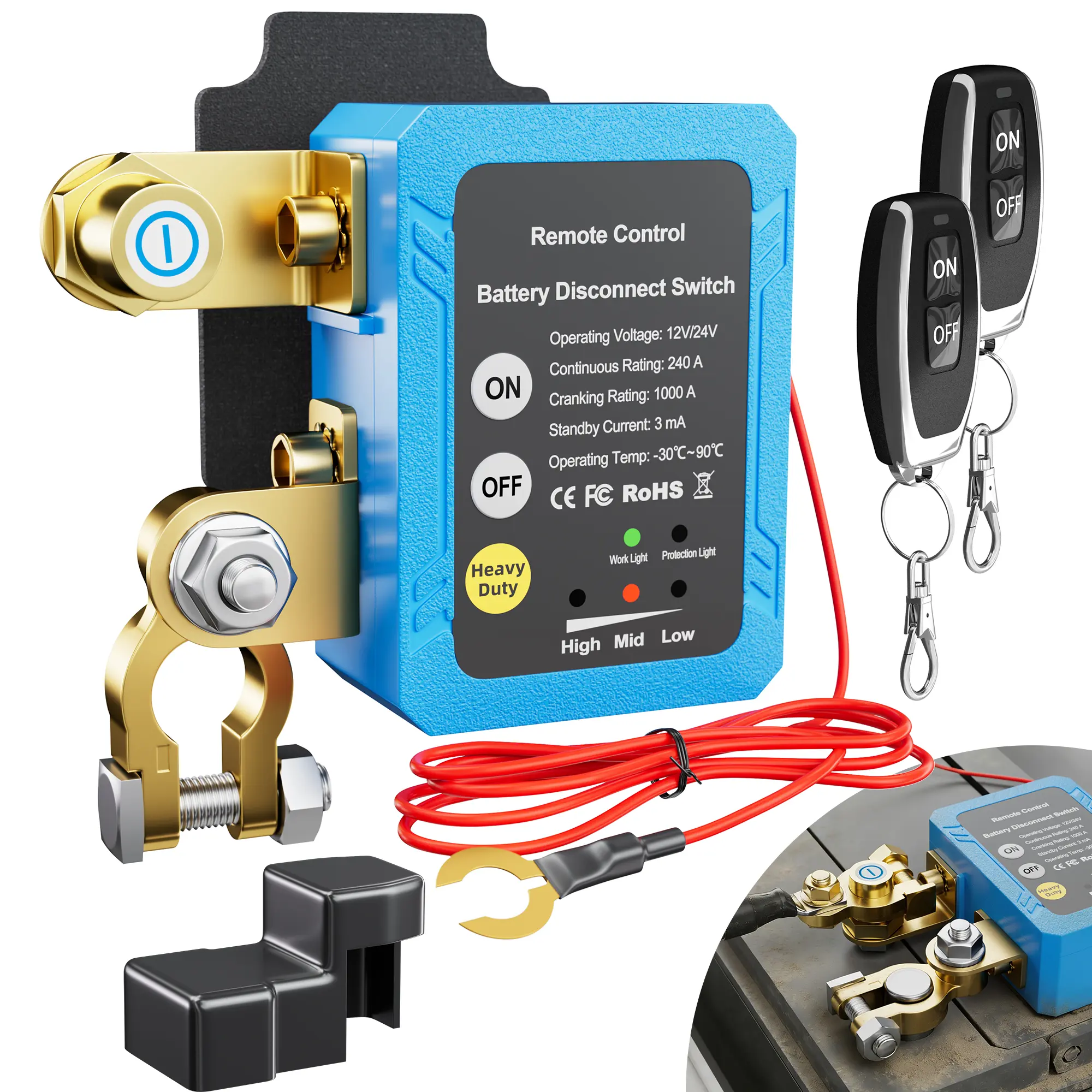 Eunik Dc 12V 240a Wireless Remote Battery Disconnect Switch, Two Key Operation for Cars, Quick Power Cut off Feature Smart Automotive
