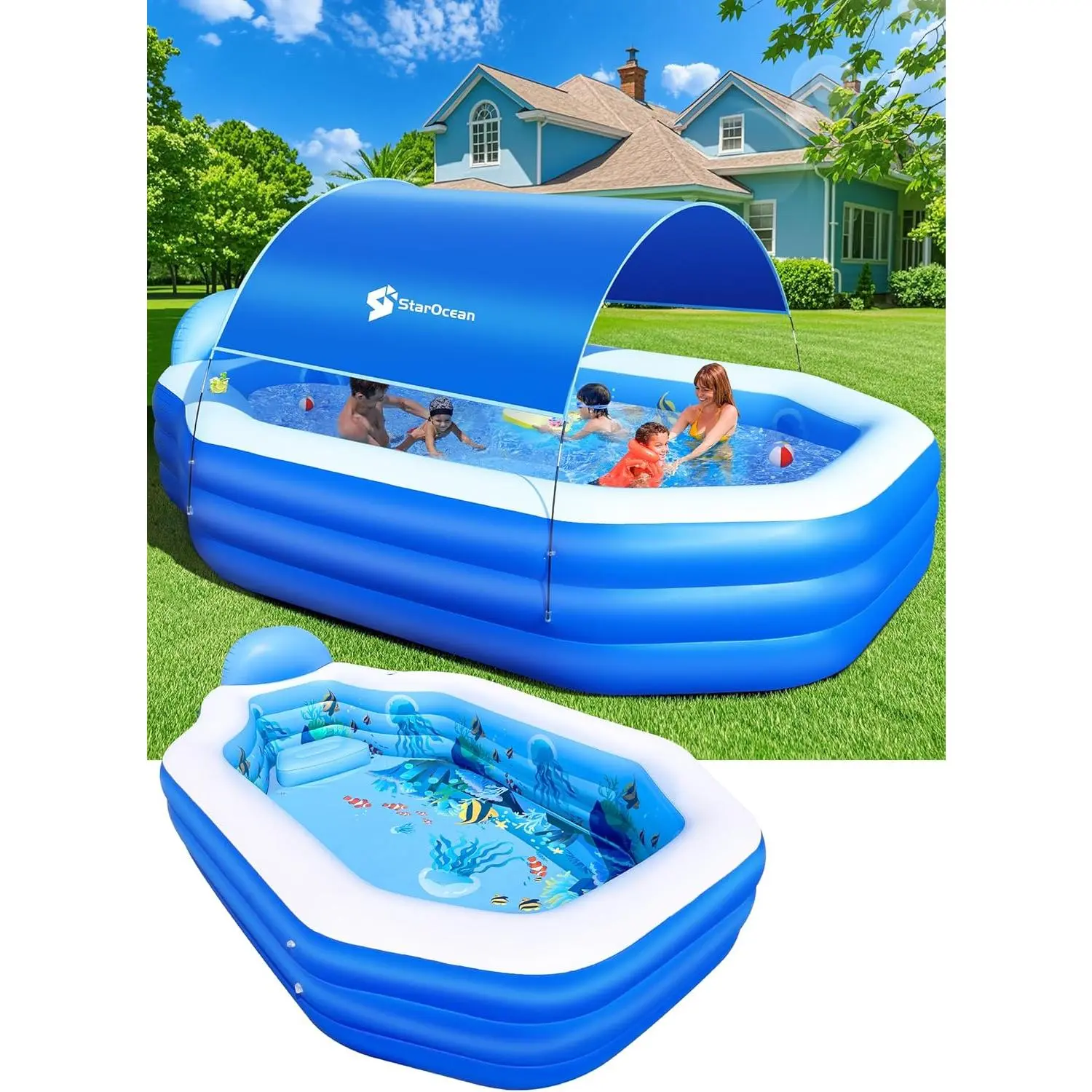 Large Inflatable Family Pool with Canopy, Seats & Backrest Large Inflatable Family Pool with Canopy, Seats & Backrest