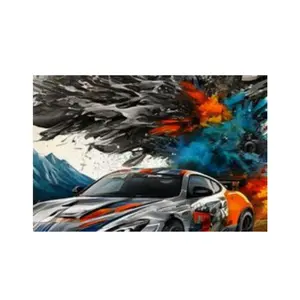 Customized Christmas placemats Dynamic Sports Cars Amid Bold Paint Splatters With Bridge And Mountain Backdrop