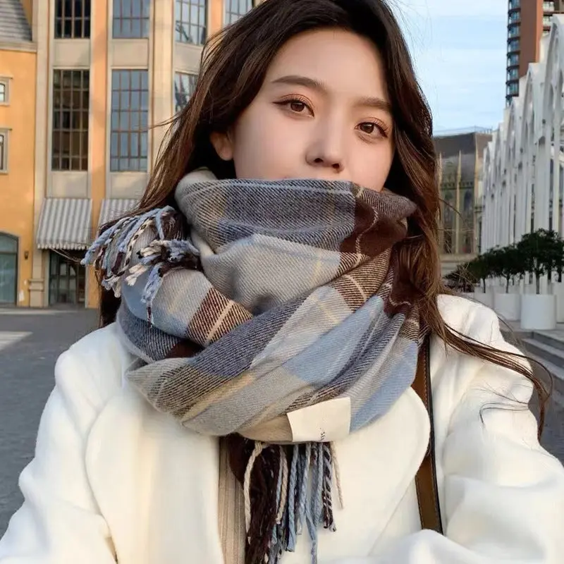 Plaid Cashmere-Feel Scarf – Unisex Wool Knit | 45×200cm