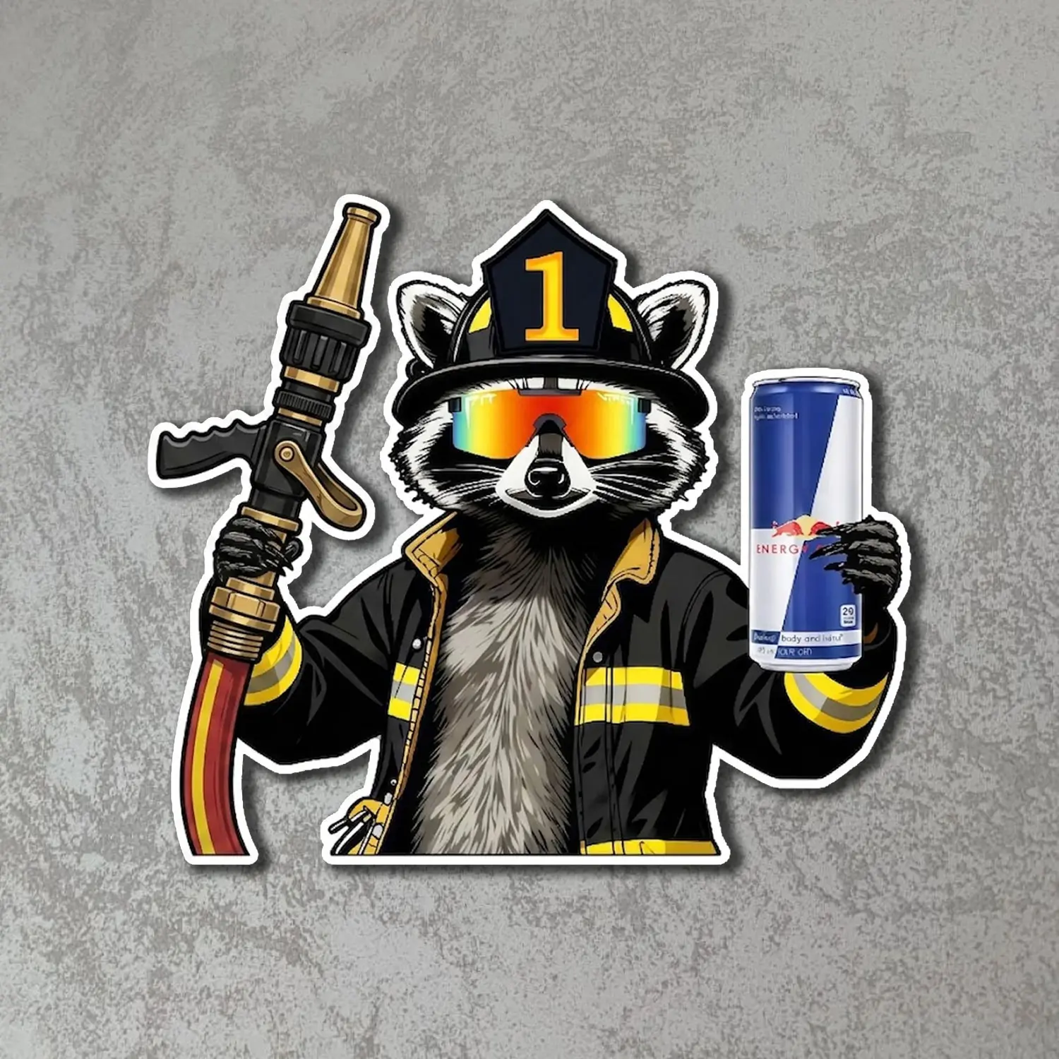 Trash Panda Raccoon Energy Drink Firefighter Vinyl Sticker Funny Animal Decal for Car Laptop Water Bottle Cute Humor Design