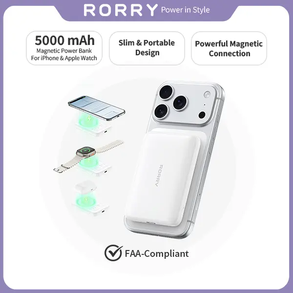 RORRY MagSafe Power Bank 5000mAh – 15W Wireless + 20W USB-C Fast Charging for iPhone 17/16/15 & Apple Watch, Ultra-Slim Travel Charger