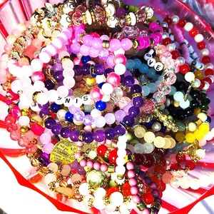6PC Random Multicolored Beaded Charm Bracelets, Handmade Mixed Glass Acrylic Stack Jewelry, Casual Trendy Fashionable Bracelet Accessory for Women