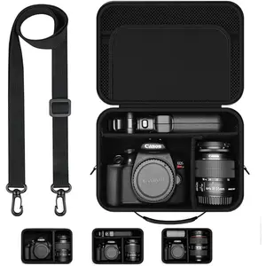 Hard Shell Camera Case Compatible with  EOS Rebel T7/R50/R100 and  DSLR & Mirrorless Cameras - Portable Travel Bag with Adjustable Dividers, Mesh Pocket &  Strap (Black)