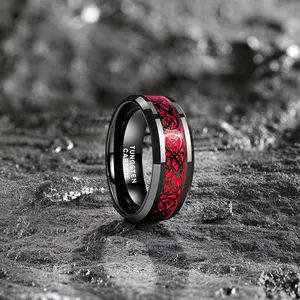 Yonifu Unisex 8mm Black Polished Tungsten Ring Red Celtic Dragon Inlay - Comfort Fit Scratch Resistant Durable Wedding Band for Men Women