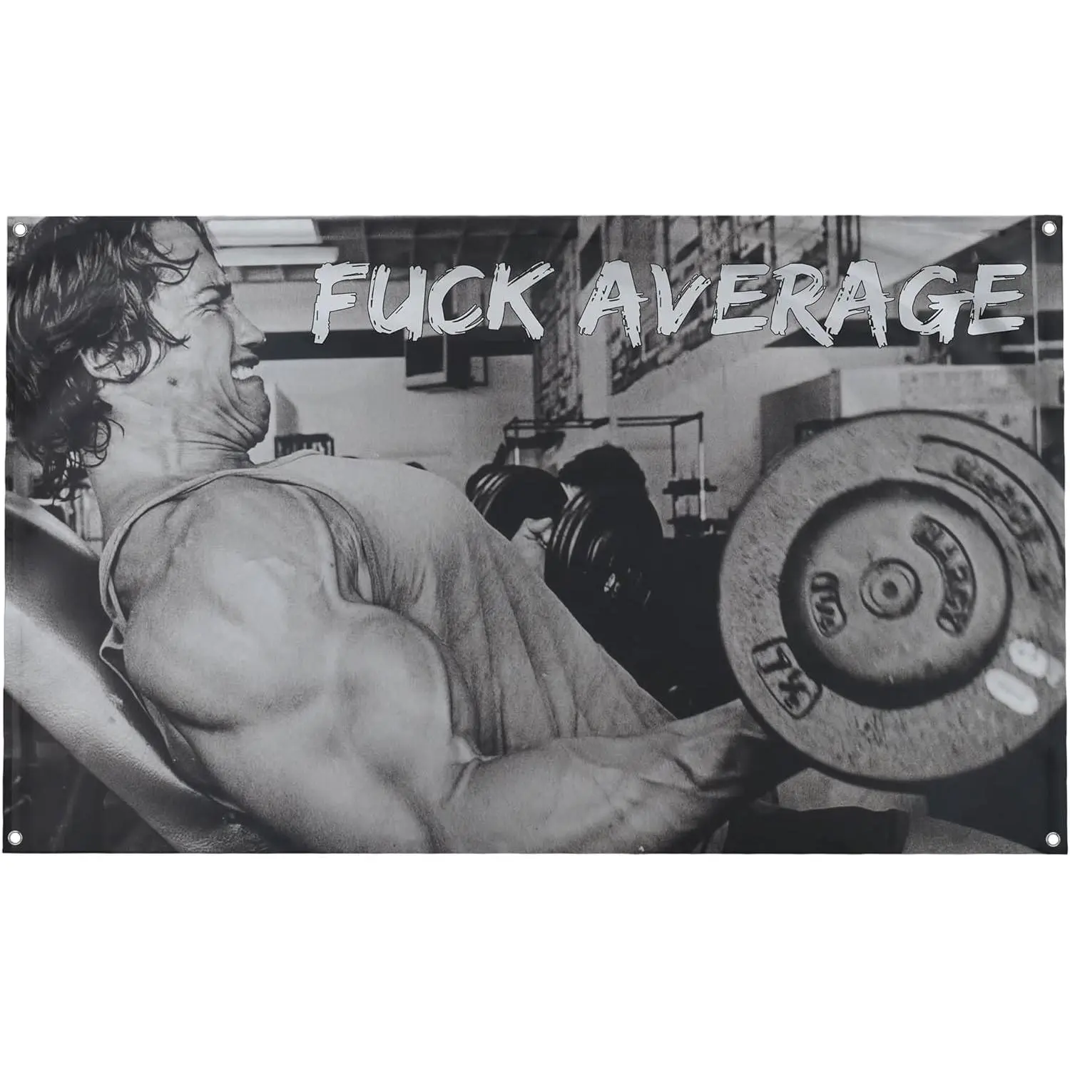 - Arnold Schwarzenegger Fuck Average Motivational Inspirational Office Gym Dorm Wall Decor Design on a 3X5 Feet Flag with 4 Grommets for Easy Hanging.Authentic BANGER FLAG