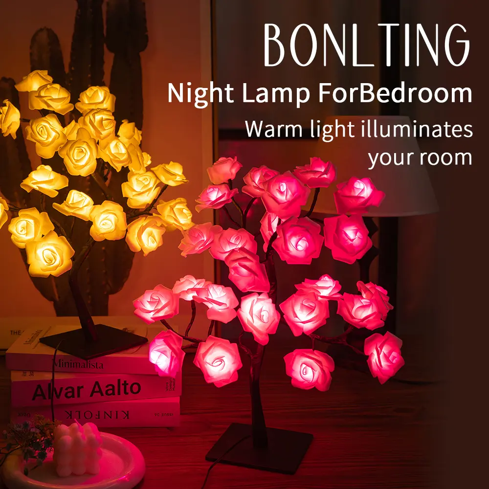 USB Rechargeable LED Flower Single Lamp - 3-color Mood Glow Touch Light, Synthetic Rose Tree, Camping Hiking Lantern, Room Decor Warm White Led Lights, Mother’s Day Gift