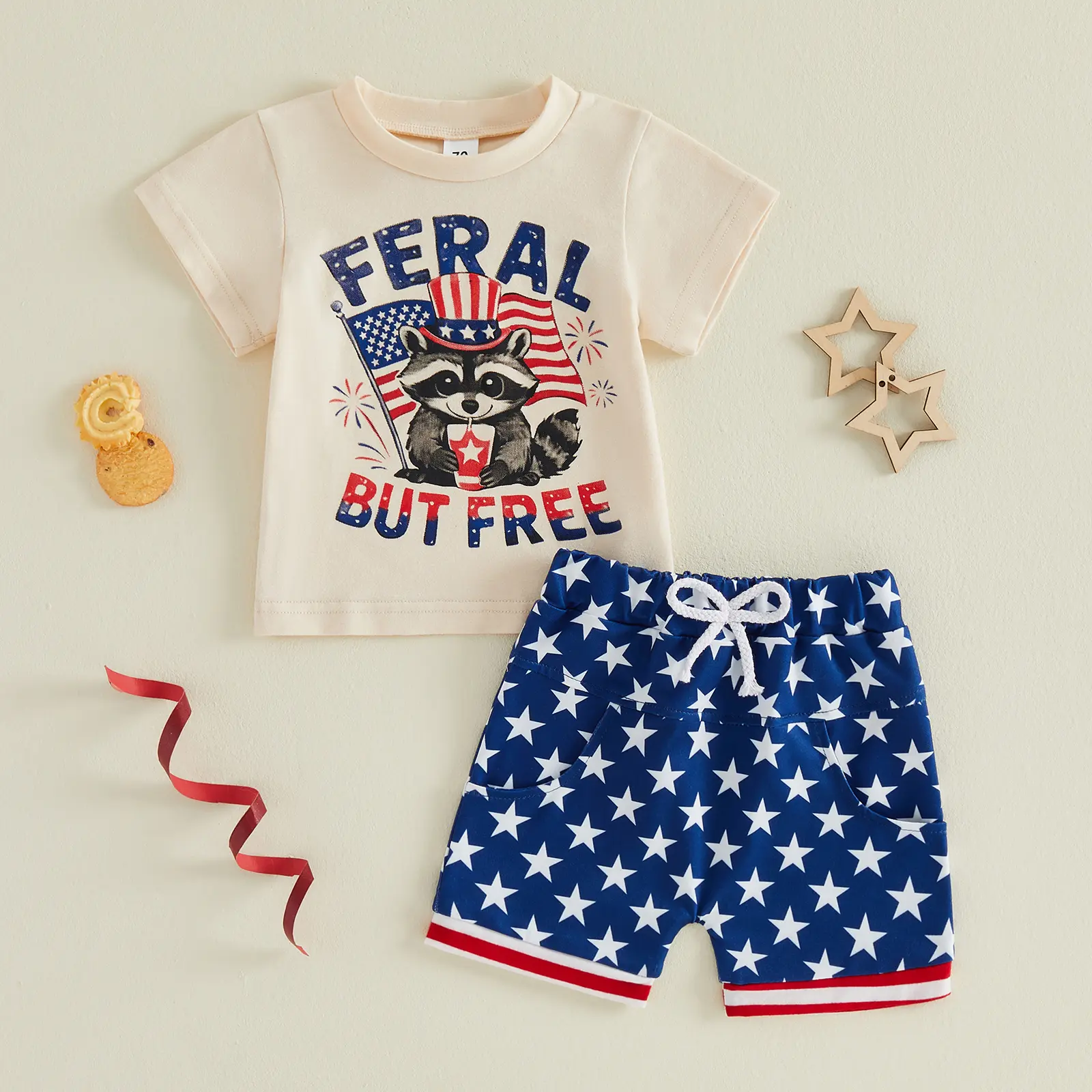 Toddler Boys' 2-Piece Cotton Shorts Set - Casual American Flag 4th of July Outfit with Raccoon Graphic Tee, Elastane-Blend Kids' Clothing (Animal Theme)