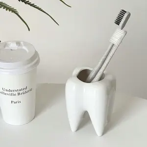 Crazy Tooth-Shaped Ceramic Desk Organizer Box, Multi-Purpose Pen Holder & Toothbrush Rack, Bathroom & Office Accessories, No Power Needed