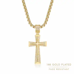 TANTIUE 14K Gold Plated Cross Pendant Necklace for Men Women, Iced Out Hip Hop 5A Cubic Zirconia Cuban Chain Link Necklace, Perfect Christian Jewelry Daily Wear Valentine's Day Gift