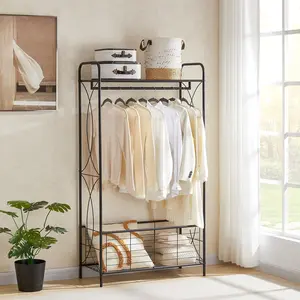 Heavy-Duty Freestanding Garment Rack with Metal Basket, Open Wardrobe with Hanging Rail, Clothing Storage Organizer for Bedroom, Bathroom, Laundry Room, Industrial Metal Clothes Rack