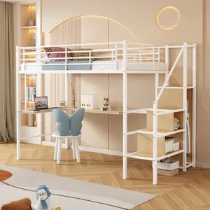 Twin Loft Bed with Desk and Storage Wardrobe Heavy Duty Loft Bed with Stairs and Metal Grid Twin Size Loft Bed No Box Spring Needed White Loft Bed Twin Size-White