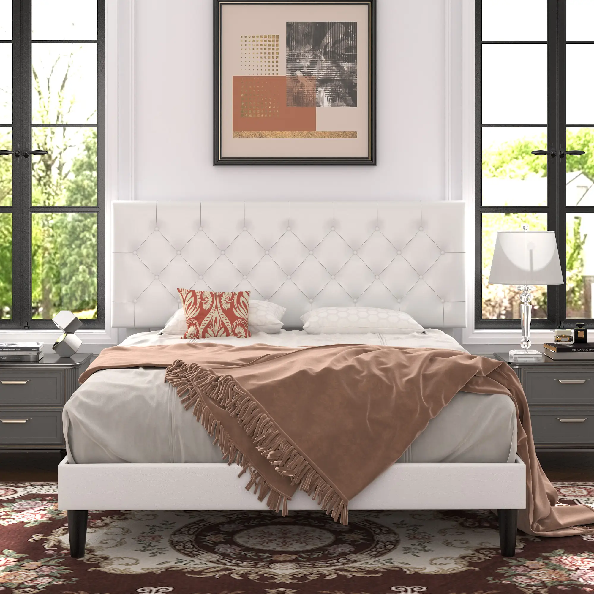 Allewie Full/Queen/King Adjustable Upholstered Bed Frame - 【Frame Only No Mattress】Diamond Stitched Button Tufted Headboard with Wood Slats, Faux Leat