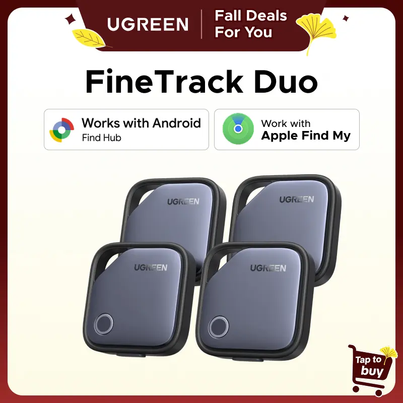 UGREEN Finder Duo (iOS and Android) Air Tracker Tags 4 Pack, 1-Year USB-C Rechargeable Battery Bluetooth Tracker Compatible with Apple Find My or Find Hub App, Item Finder Smart Tag for Key Luggage,tiktokshopfalldealsforyou
