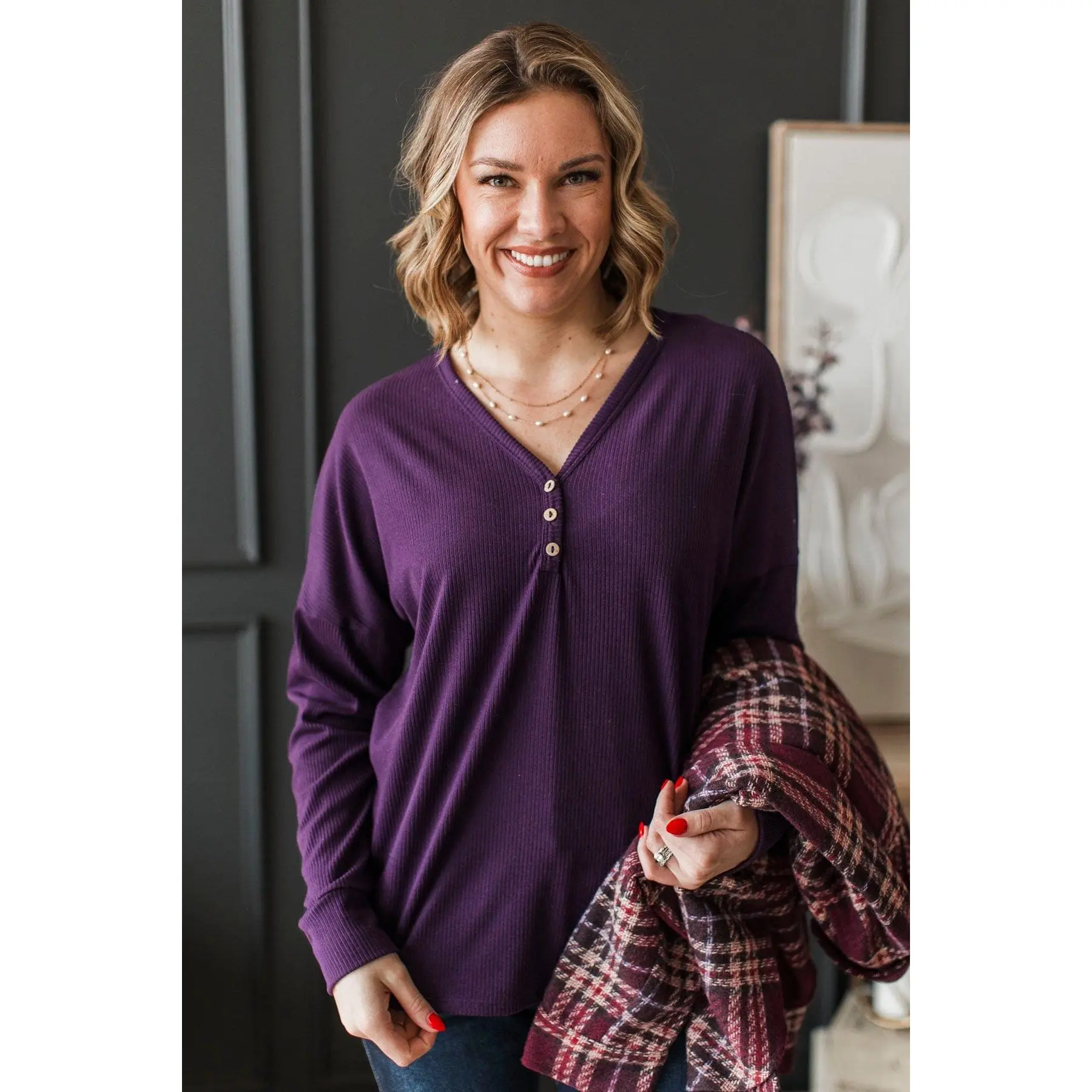 Women's Ribbed Dolman Sleeve Top - Lightweight Basic V-Neck with Functional Buttons in Dark Plum, Shirts, Blouse, Fabric, Fit