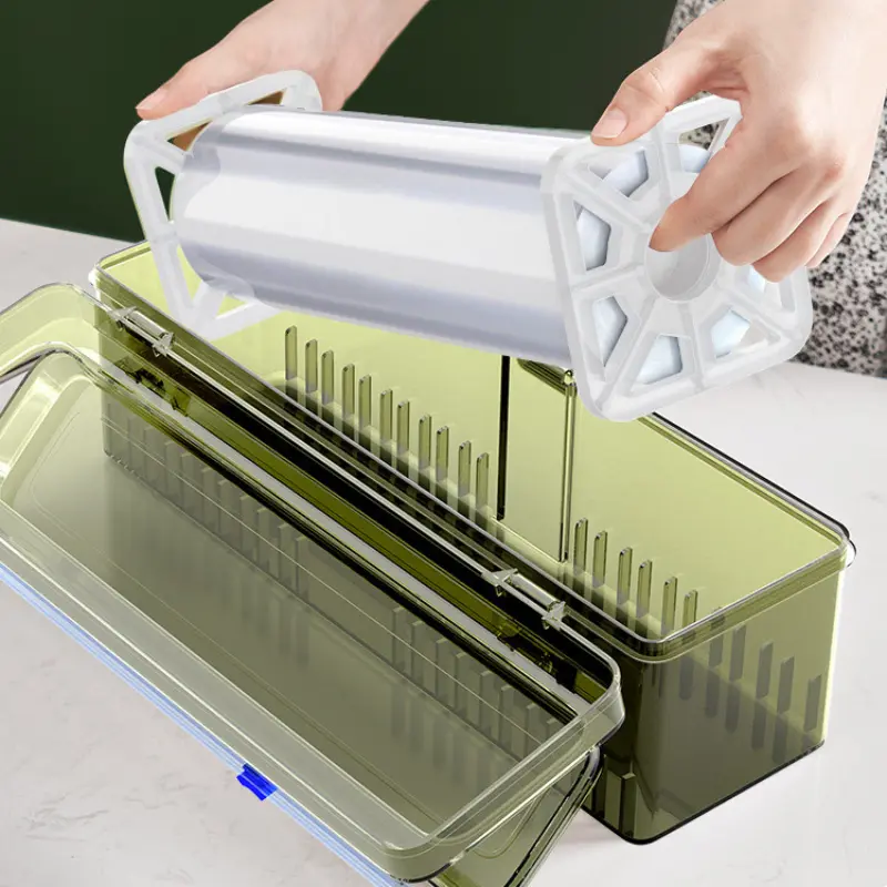 A Cling Film Cutting Box with a Hidden Sliding Cutter, Durable kitchen tool, Designed for Precise Cutting, Featuring a Green Design, Suitable for Cling Film And Aluminum Foil Dispensers, Durable Construction, Kitchen Organizers