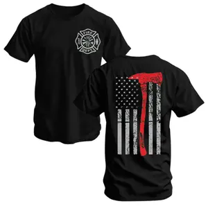 Firefighter Axe T-Shirt, Distressed American Flag Graphic, Bold Red Axe Design, Black Cotton Shirt for Firemen, Patriotic Fire Dept Appare