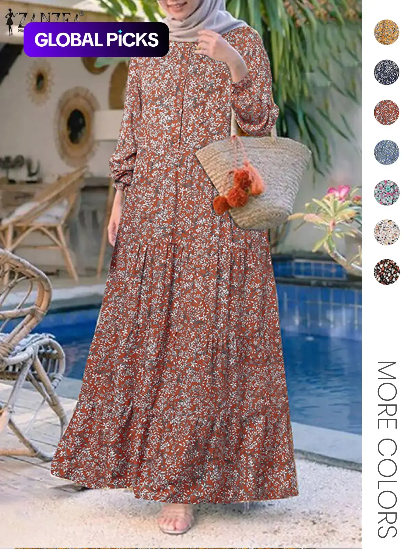 Women's Ditsy Floral Print Long Sleeve Tunic Modest Style Dress, Casual Round Neck Dress for Holiday Vacation Daily Wear, Ladies Clothes for All Seasons, Muslim Dress, Muslim Outfits, Modest Islamic Clothing, Islamic Modesty Clothes